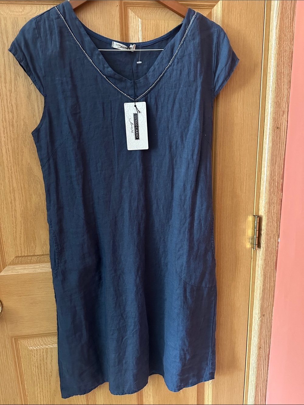 Lungo L’Arno Navy V-Neck Cap Sleeve Midi Dress